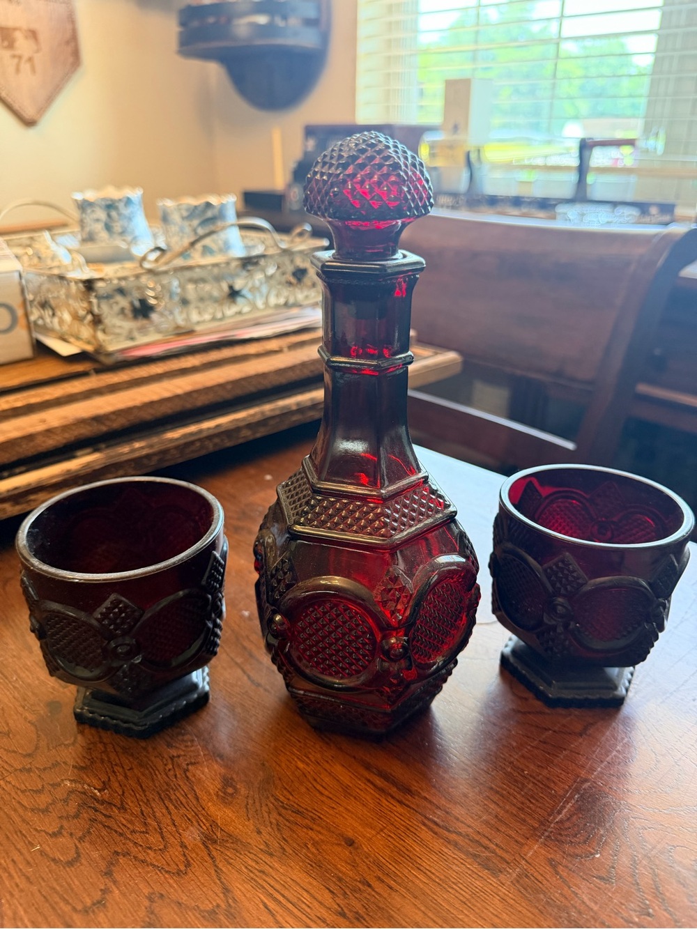 Vintage Avon Ruby Red Cape Cod Decanter and 2 cocktail glasses Set